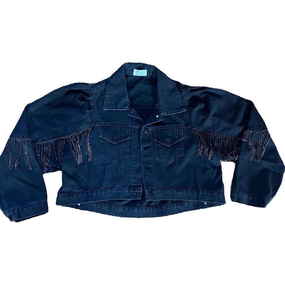 Women's Black Denim Cropped Rhinestone Cowboy Jacket